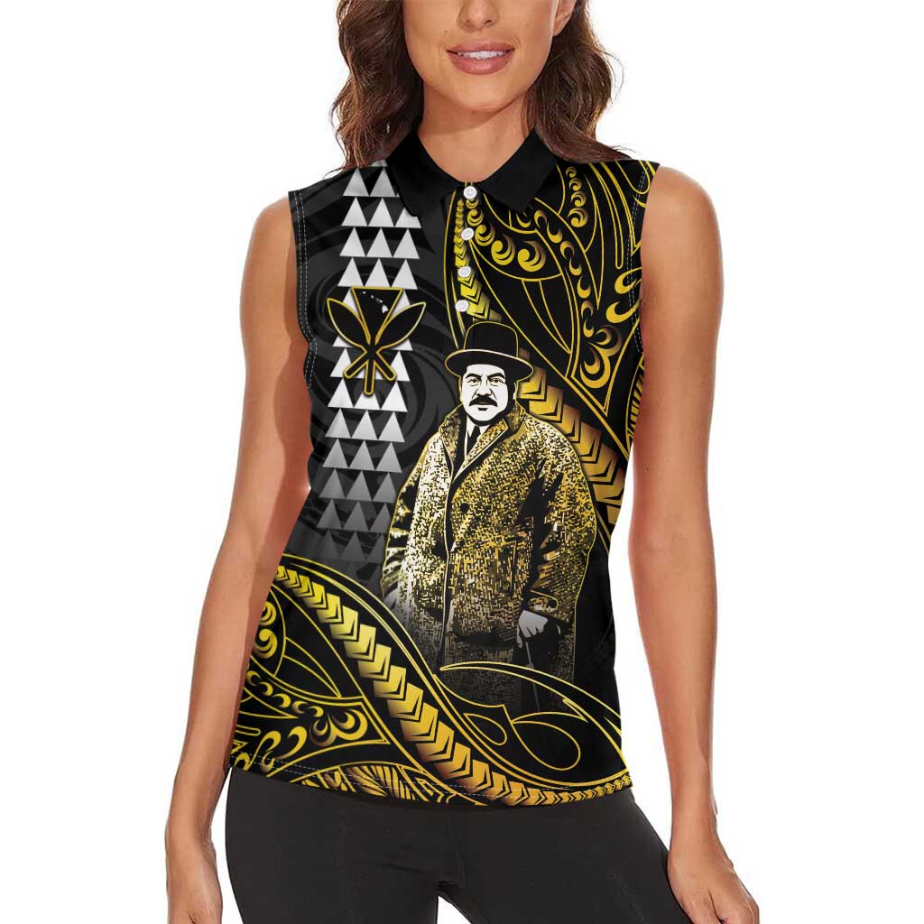 Hawaii Kuhio The Citizen Prince Women Sleeveless Polo Shirt Gold Polynesian Tribal Tattoo