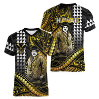 Hawaii Kuhio The Citizen Prince Women V-Neck T-Shirt Gold Polynesian Tribal Tattoo