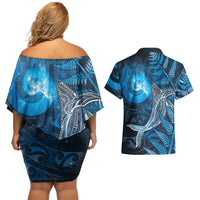 New Zealand Matariki Couples Matching Off Shoulder Short Dress and Hawaiian Shirt Maori Koru With Humpback Whale Blue