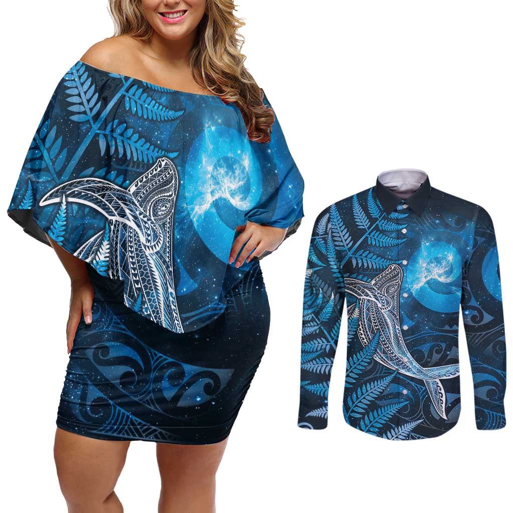 New Zealand Matariki Couples Matching Off Shoulder Short Dress and Long Sleeve Button Shirt Maori Koru With Humpback Whale Blue LT05 Blue - Polynesian Pride