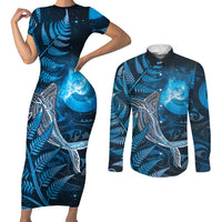 New Zealand Matariki Couples Matching Short Sleeve Bodycon Dress and Long Sleeve Button Shirt Maori Koru With Humpback Whale Blue