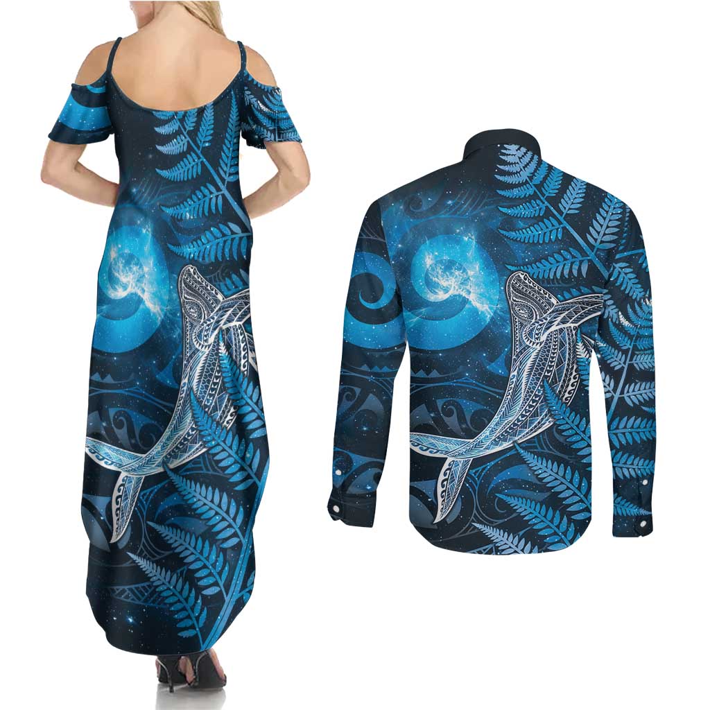 New Zealand Matariki Couples Matching Summer Maxi Dress and Long Sleeve Button Shirt Maori Koru With Humpback Whale Blue