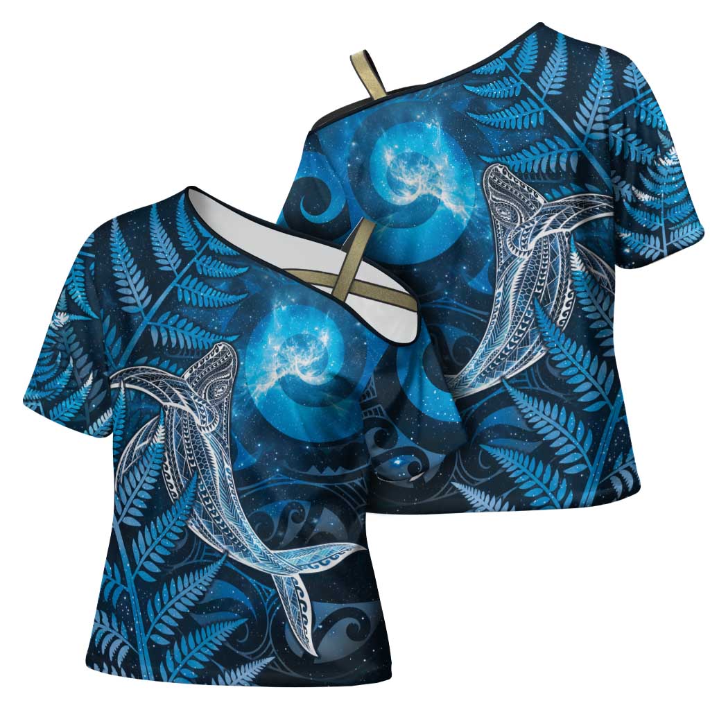 New Zealand Matariki Cross Shoulder Shirt Maori Koru With Humpback Whale Blue LT05 - Polynesian Pride