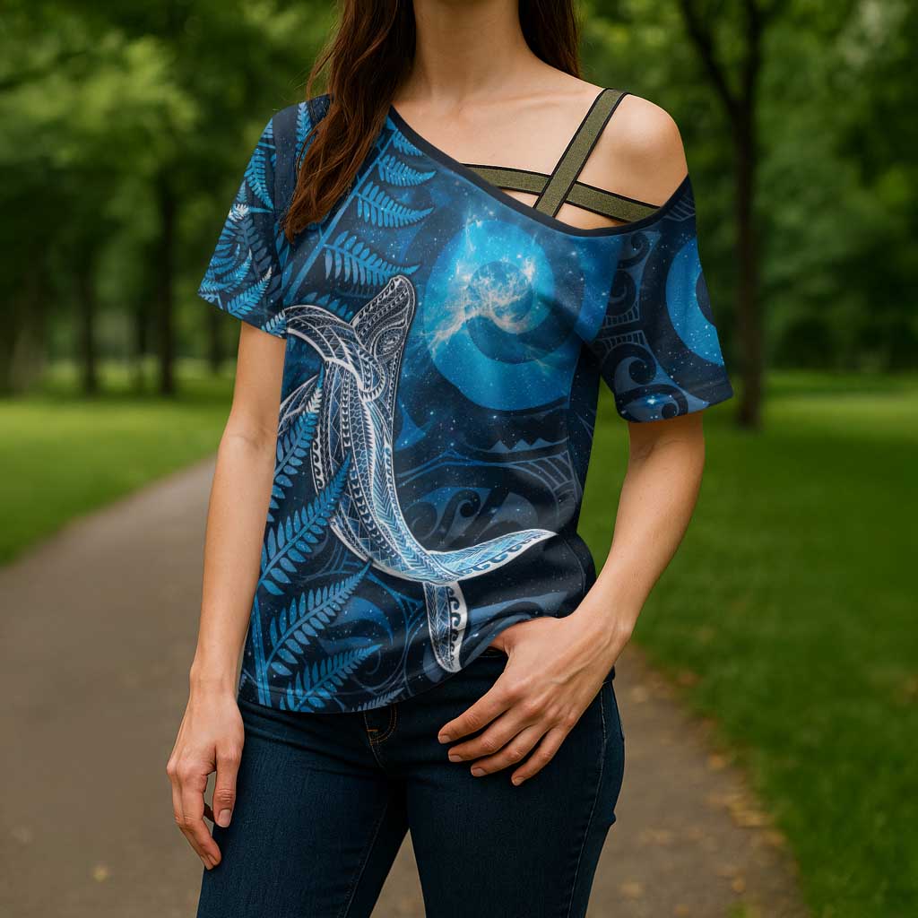 New Zealand Matariki Cross Shoulder Shirt Maori Koru With Humpback Whale Blue LT05 - Polynesian Pride