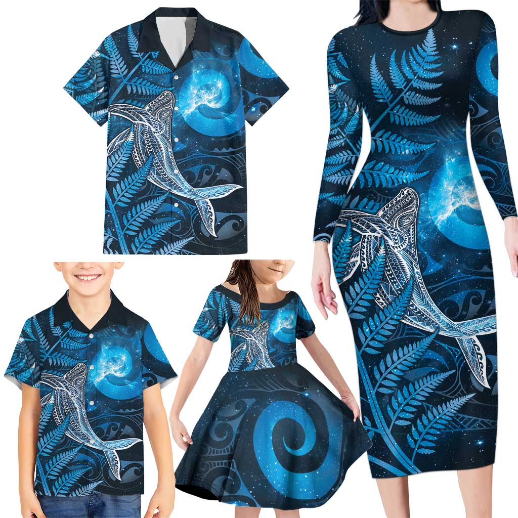 New Zealand Matariki Family Matching Long Sleeve Bodycon Dress and Hawaiian Shirt Maori Koru With Humpback Whale Blue