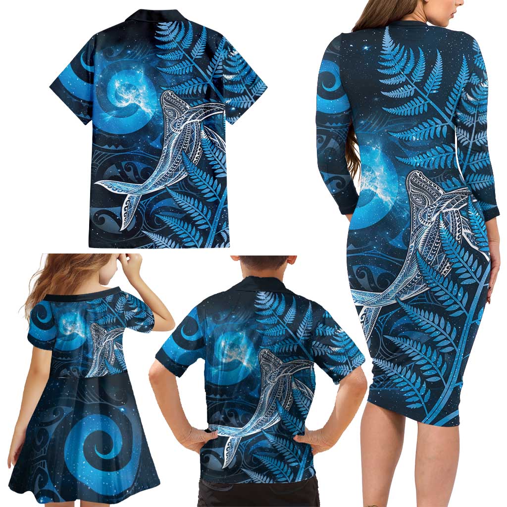 New Zealand Matariki Family Matching Long Sleeve Bodycon Dress and Hawaiian Shirt Maori Koru With Humpback Whale Blue