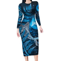 New Zealand Matariki Family Matching Long Sleeve Bodycon Dress and Hawaiian Shirt Maori Koru With Humpback Whale Blue