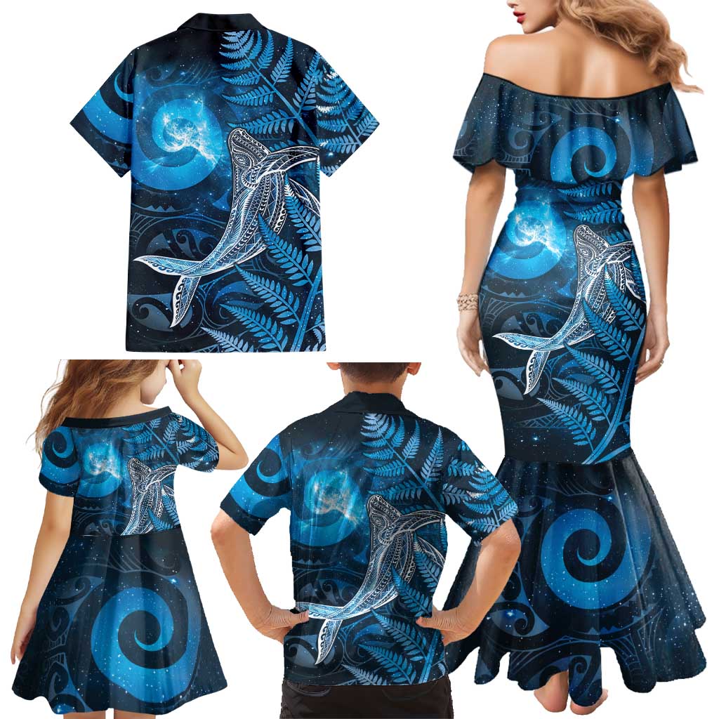 New Zealand Matariki Family Matching Mermaid Dress and Hawaiian Shirt Maori Koru With Humpback Whale Blue