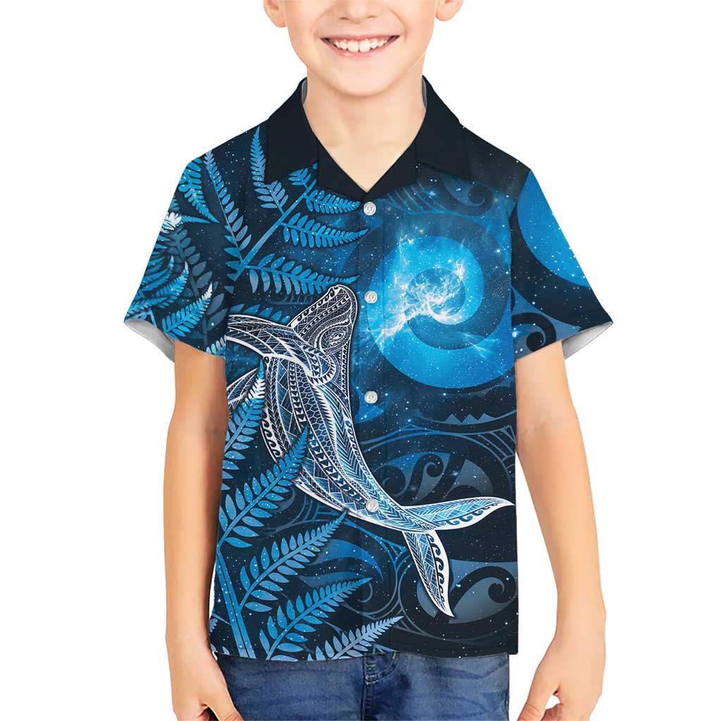 New Zealand Matariki Family Matching Off The Shoulder Long Sleeve Dress and Hawaiian Shirt Maori Koru With Humpback Whale Blue