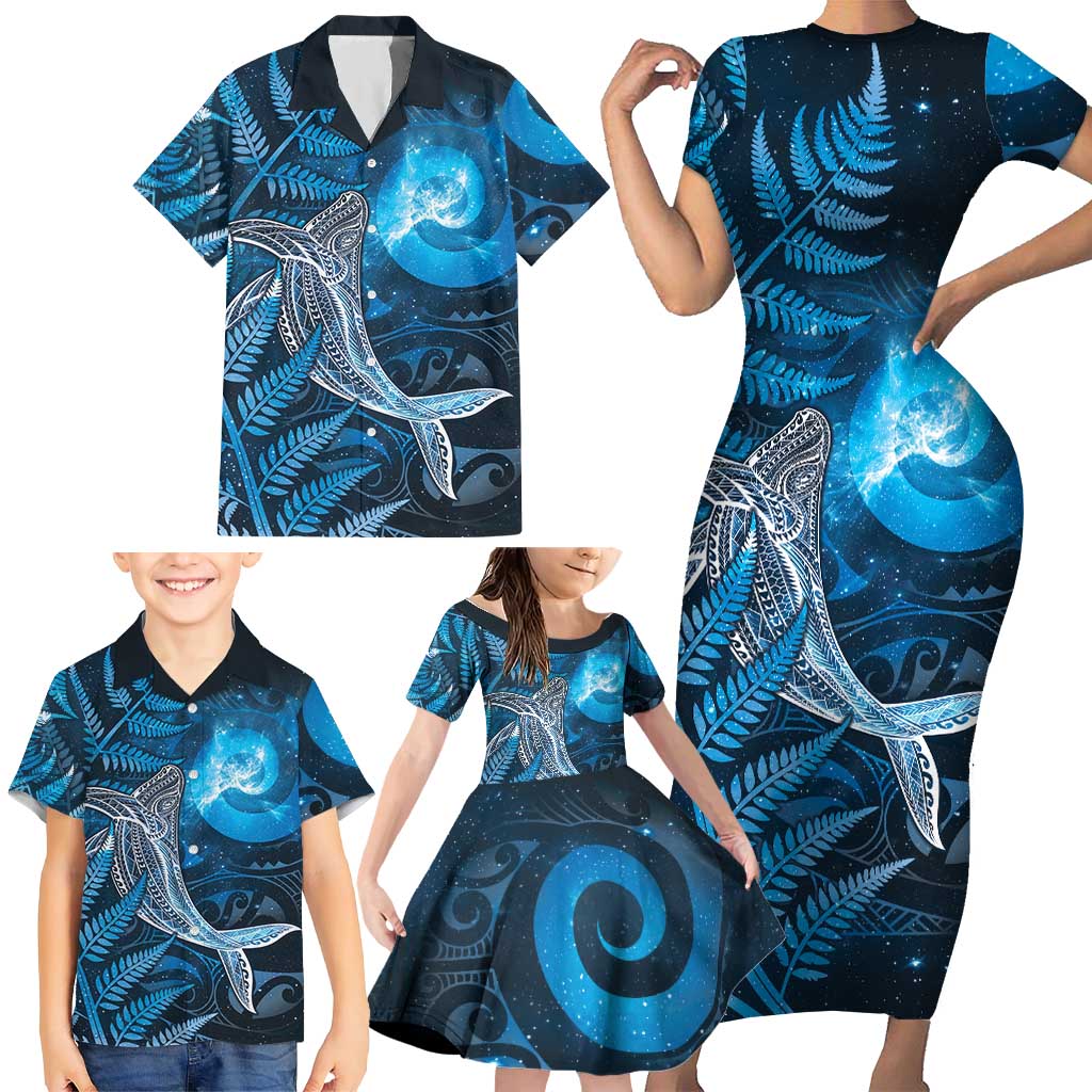 New Zealand Matariki Family Matching Short Sleeve Bodycon Dress and Hawaiian Shirt Maori Koru With Humpback Whale Blue LT05 - Polynesian Pride