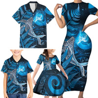 New Zealand Matariki Family Matching Short Sleeve Bodycon Dress and Hawaiian Shirt Maori Koru With Humpback Whale Blue