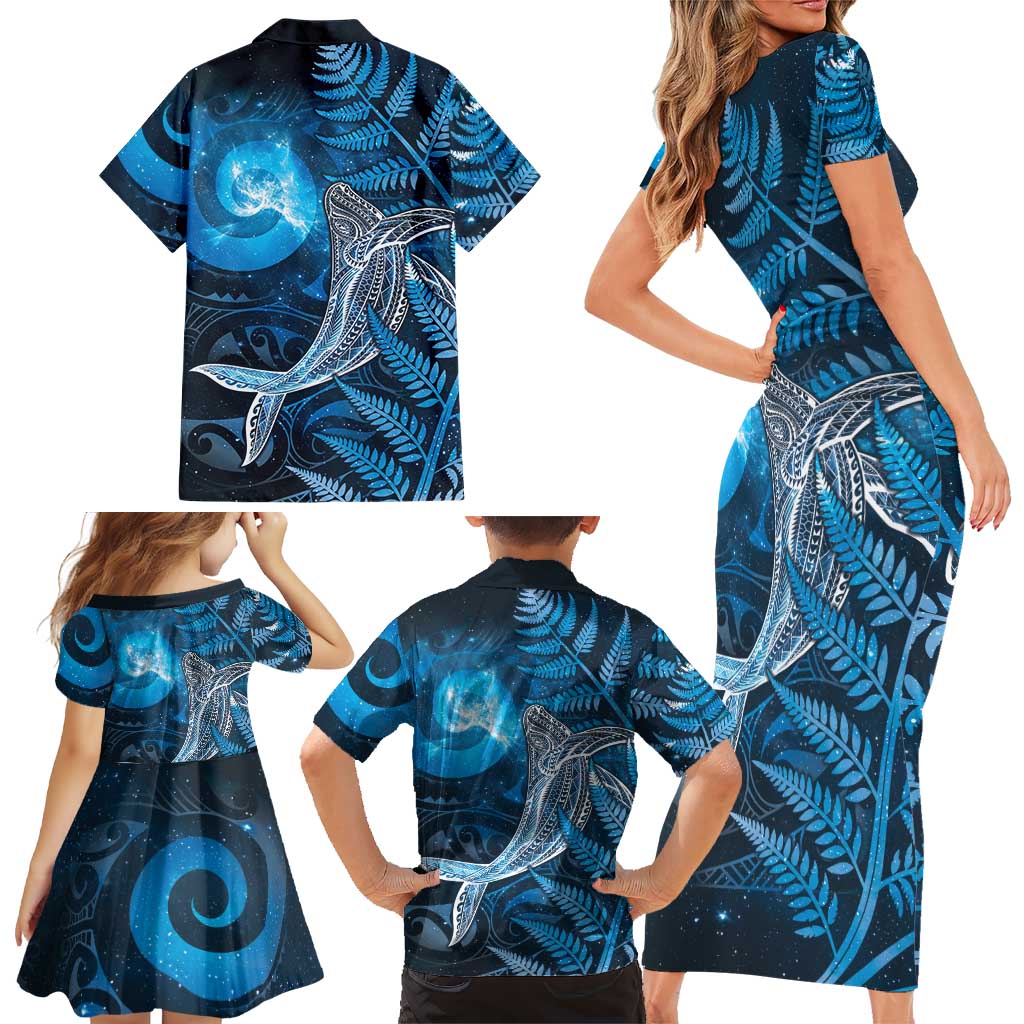 New Zealand Matariki Family Matching Short Sleeve Bodycon Dress and Hawaiian Shirt Maori Koru With Humpback Whale Blue