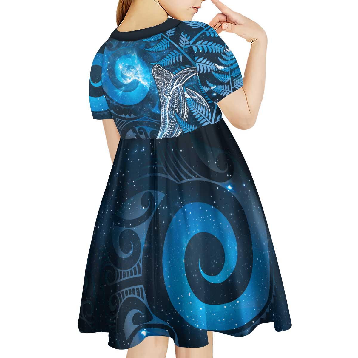 New Zealand Matariki Kid Short Sleeve Dress Maori Koru With Humpback Whale Blue LT05 - Polynesian Pride