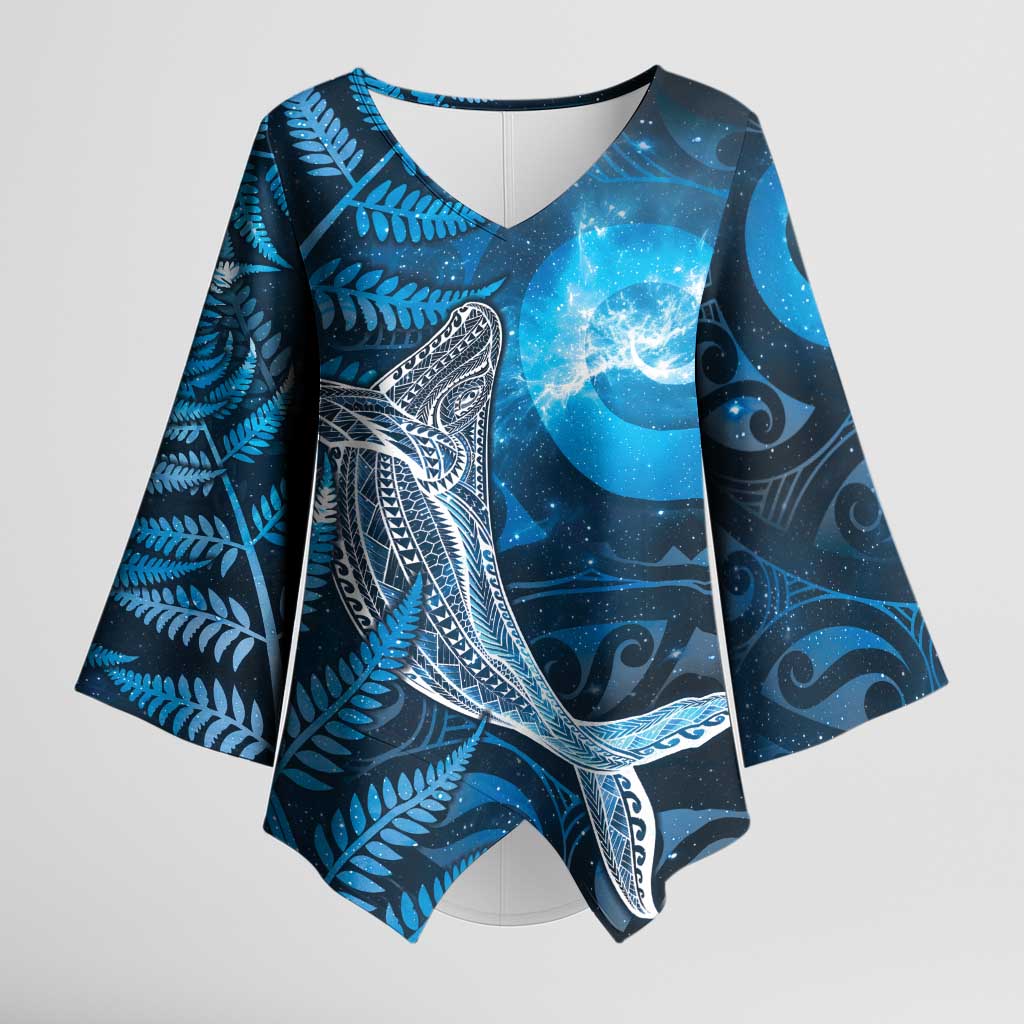 New Zealand Matariki Kimono Sleeve Blouse Maori Koru With Humpback Whale Blue LT05 Female Blue - Polynesian Pride