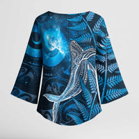 New Zealand Matariki Kimono Sleeve Blouse Maori Koru With Humpback Whale Blue LT05 - Polynesian Pride