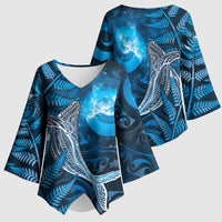 New Zealand Matariki Kimono Sleeve Blouse Maori Koru With Humpback Whale Blue LT05 - Polynesian Pride
