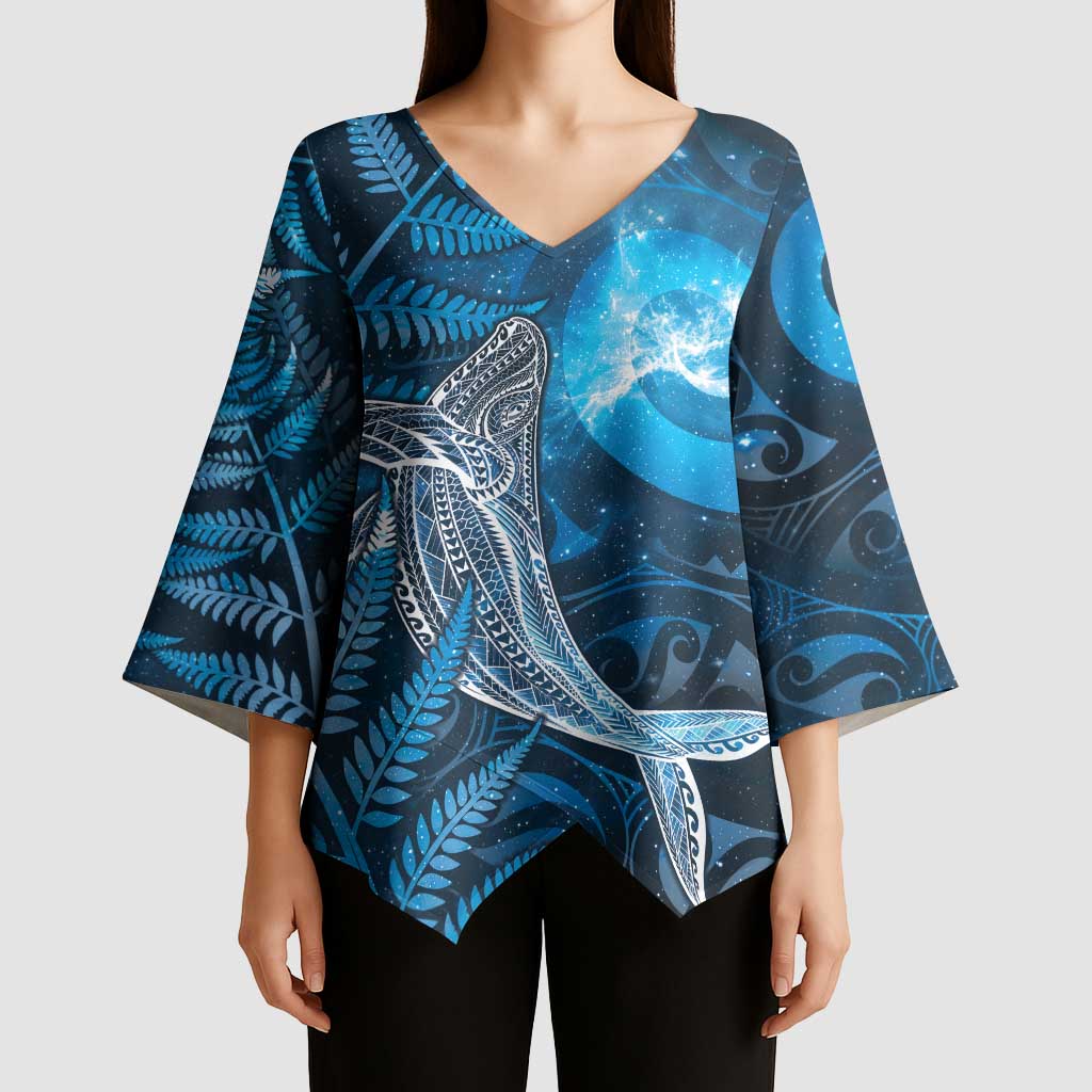 New Zealand Matariki Kimono Sleeve Blouse Maori Koru With Humpback Whale Blue LT05 - Polynesian Pride