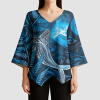 New Zealand Matariki Kimono Sleeve Blouse Maori Koru With Humpback Whale Blue LT05 - Polynesian Pride