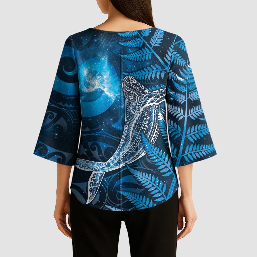 New Zealand Matariki Kimono Sleeve Blouse Maori Koru With Humpback Whale Blue LT05 - Polynesian Pride