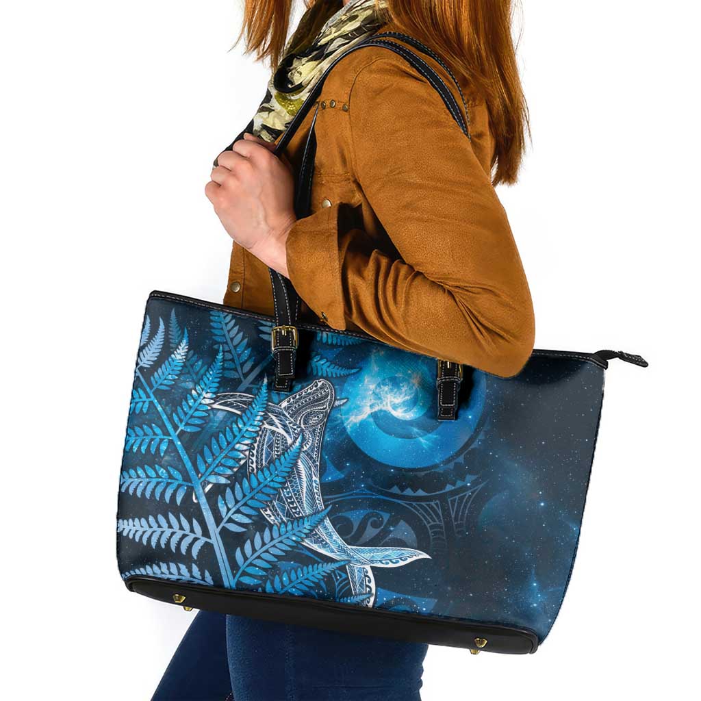 New Zealand Matariki Leather Tote Bag Maori Koru With Humpback Whale Blue LT05 Blue - Polynesian Pride