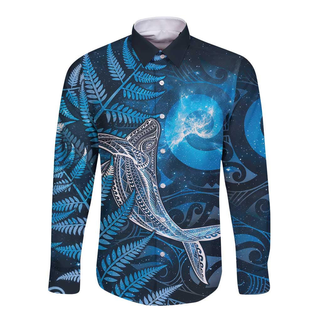 New Zealand Matariki Long Sleeve Button Shirt Maori Koru With Humpback Whale Blue LT05 Unisex Blue - Polynesian Pride