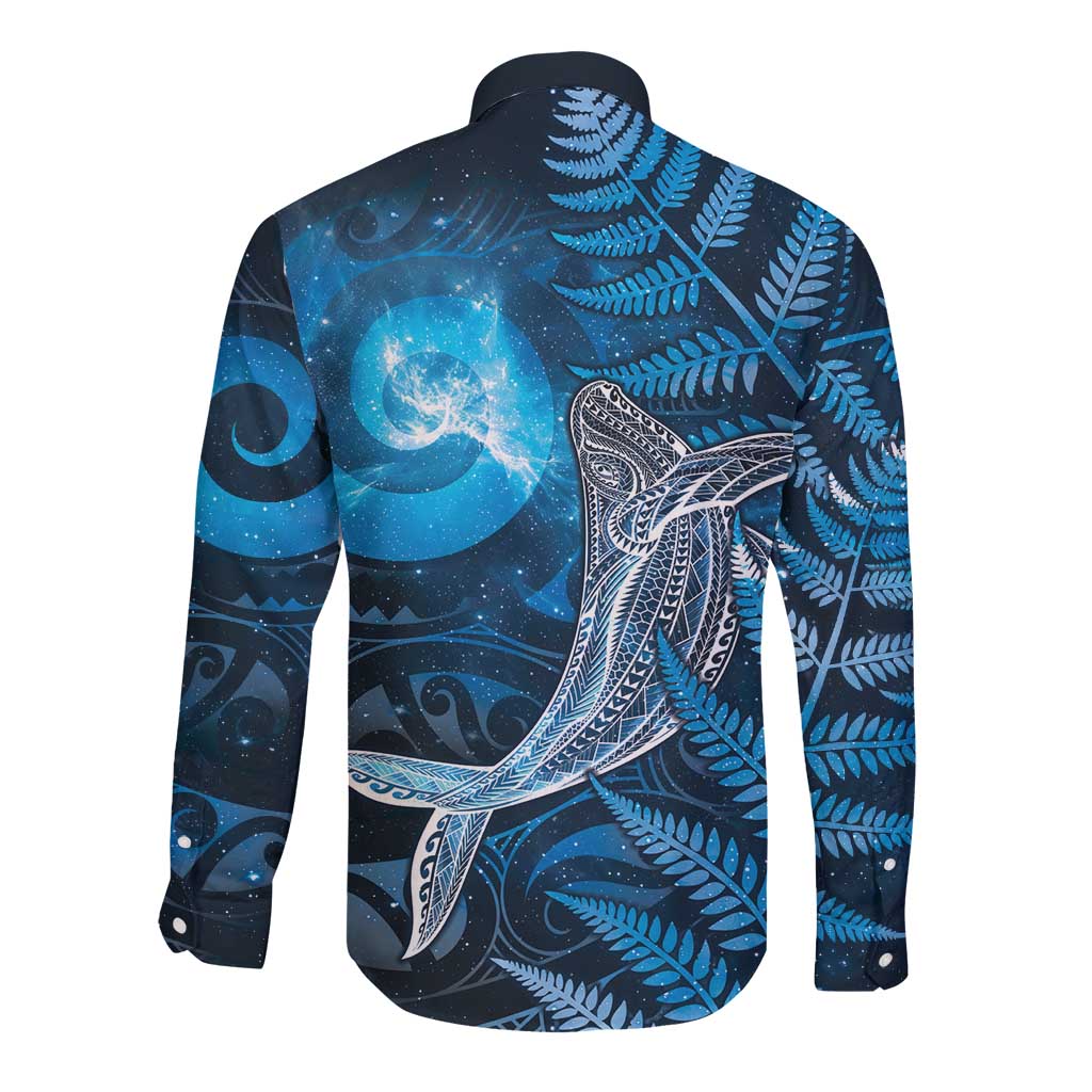 New Zealand Matariki Long Sleeve Button Shirt Maori Koru With Humpback Whale Blue LT05 - Polynesian Pride