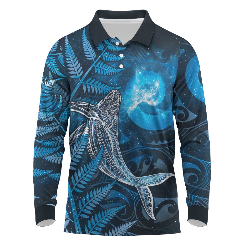 New Zealand Matariki Long Sleeve Polo Shirt Maori Koru With Humpback Whale Blue LT05 Blue - Polynesian Pride