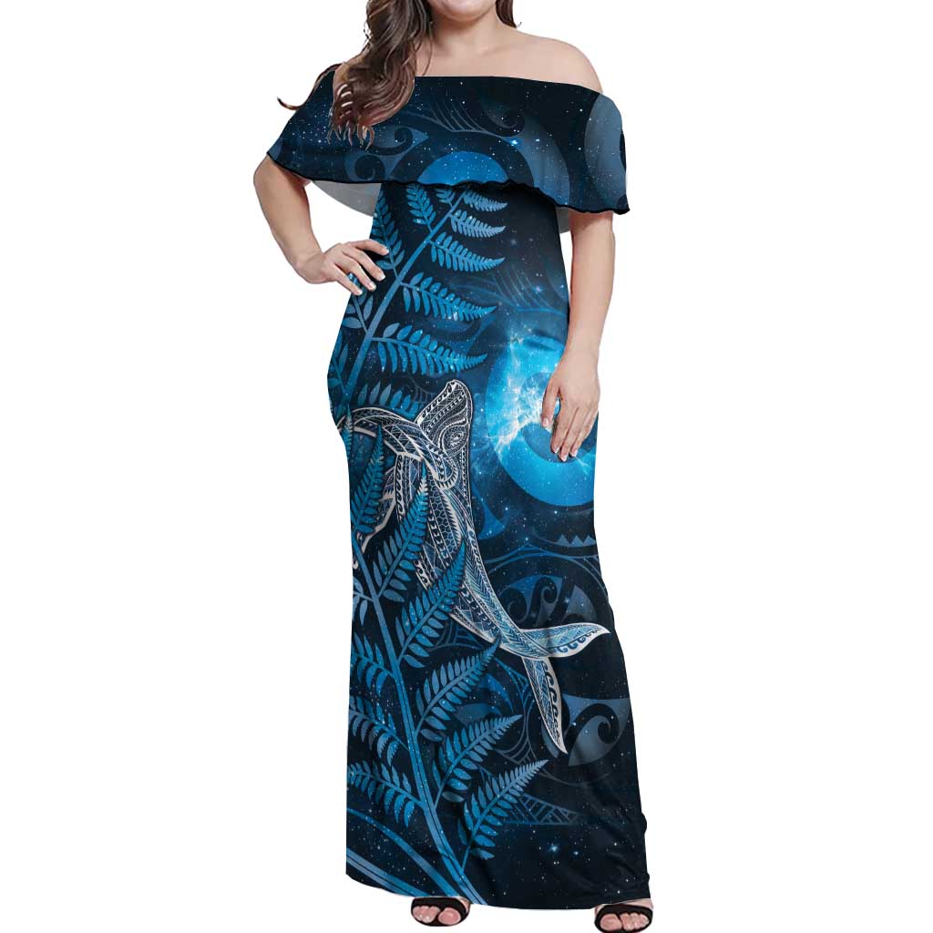 New Zealand Matariki Off Shoulder Maxi Dress Maori Koru With Humpback Whale Blue LT05 Women Blue - Polynesian Pride