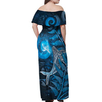 New Zealand Matariki Off Shoulder Maxi Dress Maori Koru With Humpback Whale Blue LT05 - Polynesian Pride