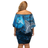 New Zealand Matariki Off Shoulder Short Dress Maori Koru With Humpback Whale Blue LT05 - Polynesian Pride