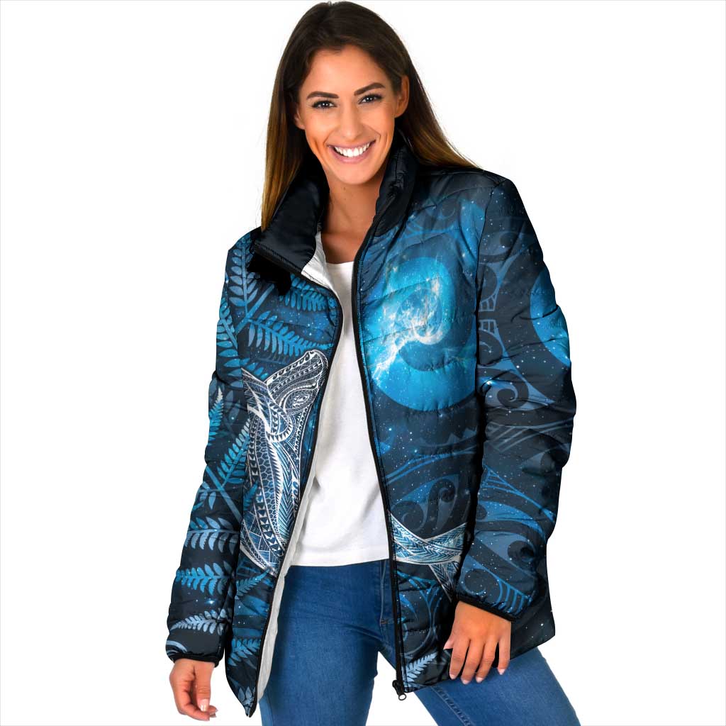 New Zealand Matariki Padded Jacket Maori Koru With Humpback Whale Blue LT05 Women Blue - Polynesian Pride