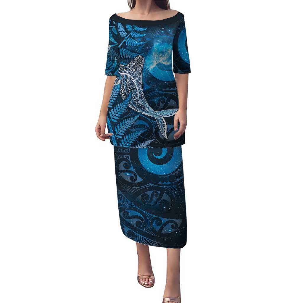 New Zealand Matariki Puletasi Maori Koru With Humpback Whale Blue LT05 Long Dress Blue - Polynesian Pride