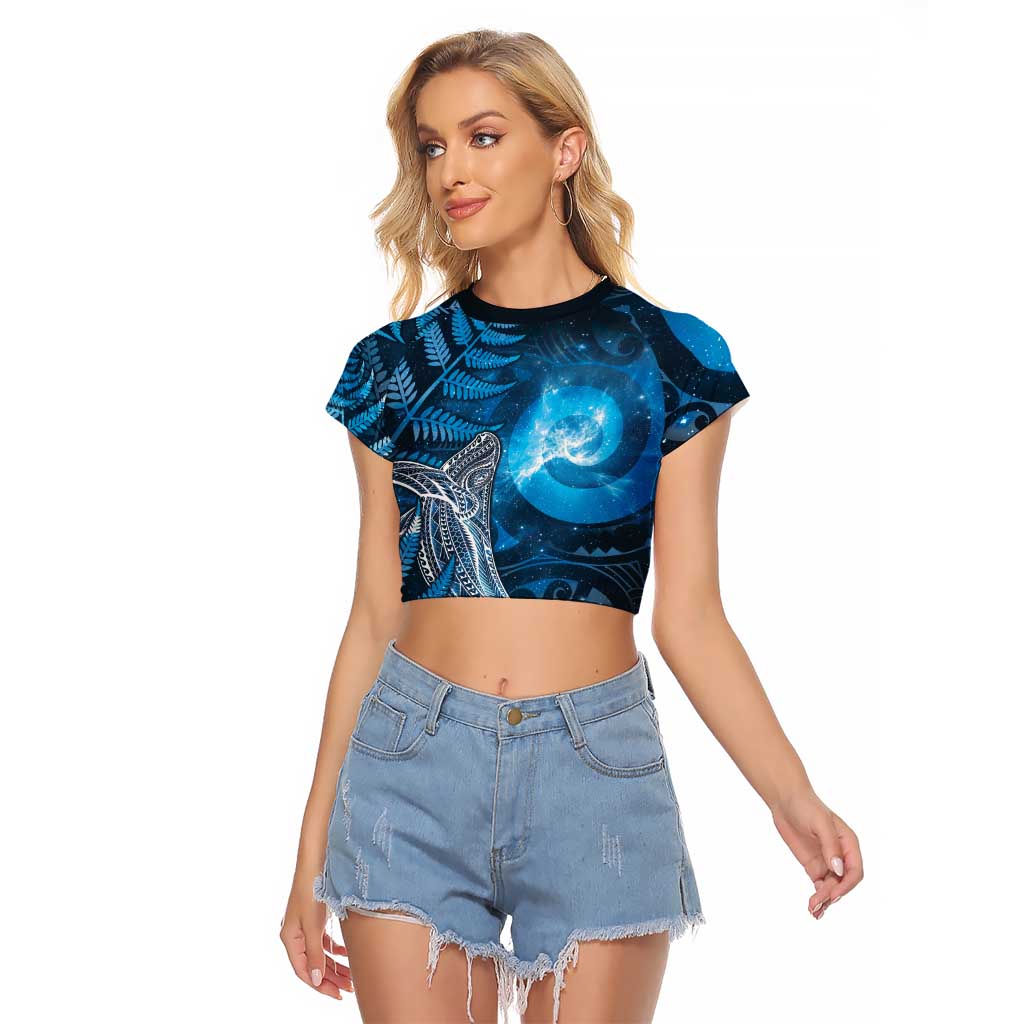 New Zealand Matariki Raglan Cropped T Shirt Maori Koru With Humpback Whale Blue LT05 Female Blue - Polynesian Pride