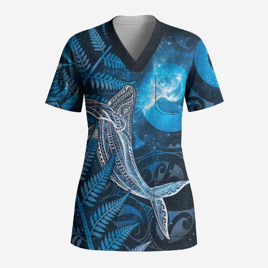 New Zealand Matariki Scrub Top Maori Koru With Humpback Whale Blue LT05 Adult Blue - Polynesian Pride
