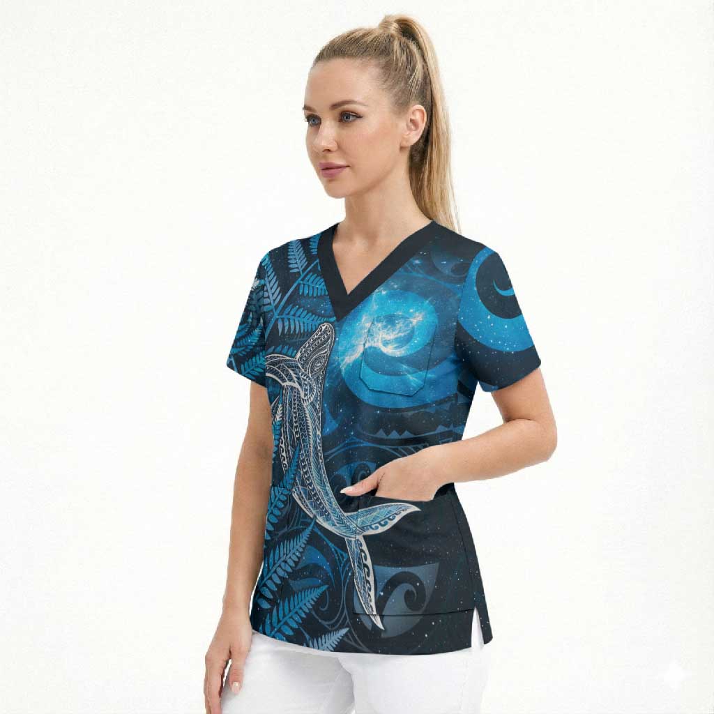New Zealand Matariki Scrub Top Maori Koru With Humpback Whale Blue LT05 - Polynesian Pride