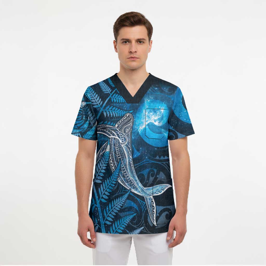 New Zealand Matariki Scrub Top Maori Koru With Humpback Whale Blue LT05 - Polynesian Pride