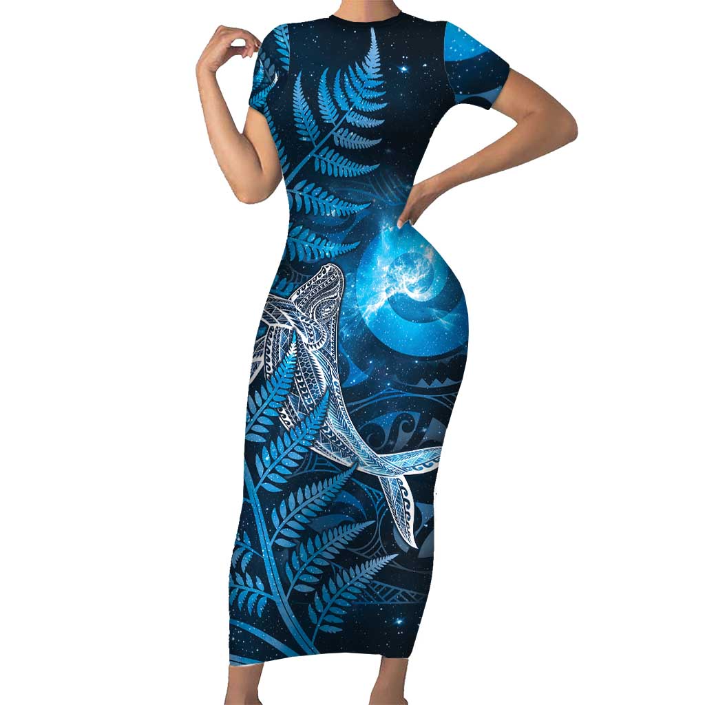 New Zealand Matariki Short Sleeve Bodycon Dress Maori Koru With Humpback Whale Blue LT05 Long Dress Blue - Polynesian Pride