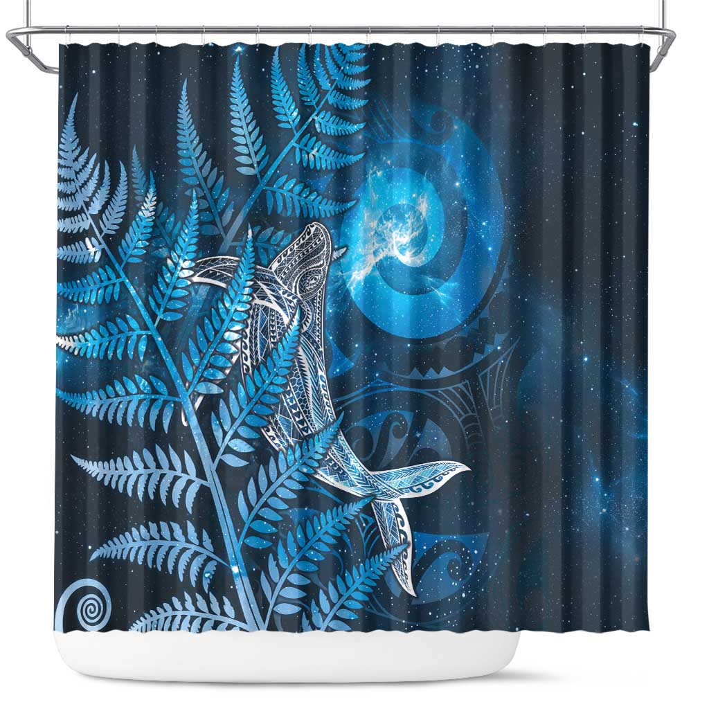 New Zealand Matariki Shower Curtain Maori Koru With Humpback Whale Blue LT05 Blue - Polynesian Pride