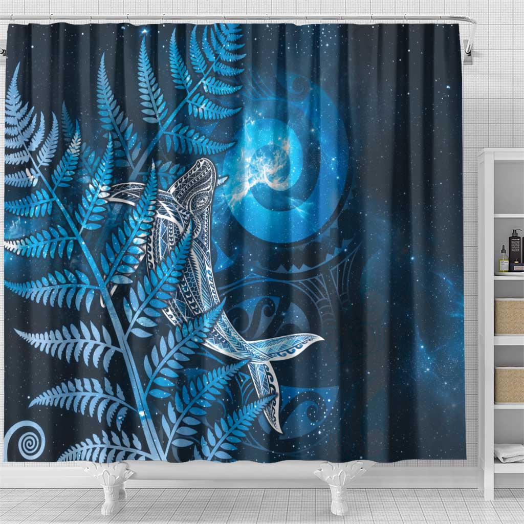 New Zealand Matariki Shower Curtain Maori Koru With Humpback Whale Blue LT05 - Polynesian Pride