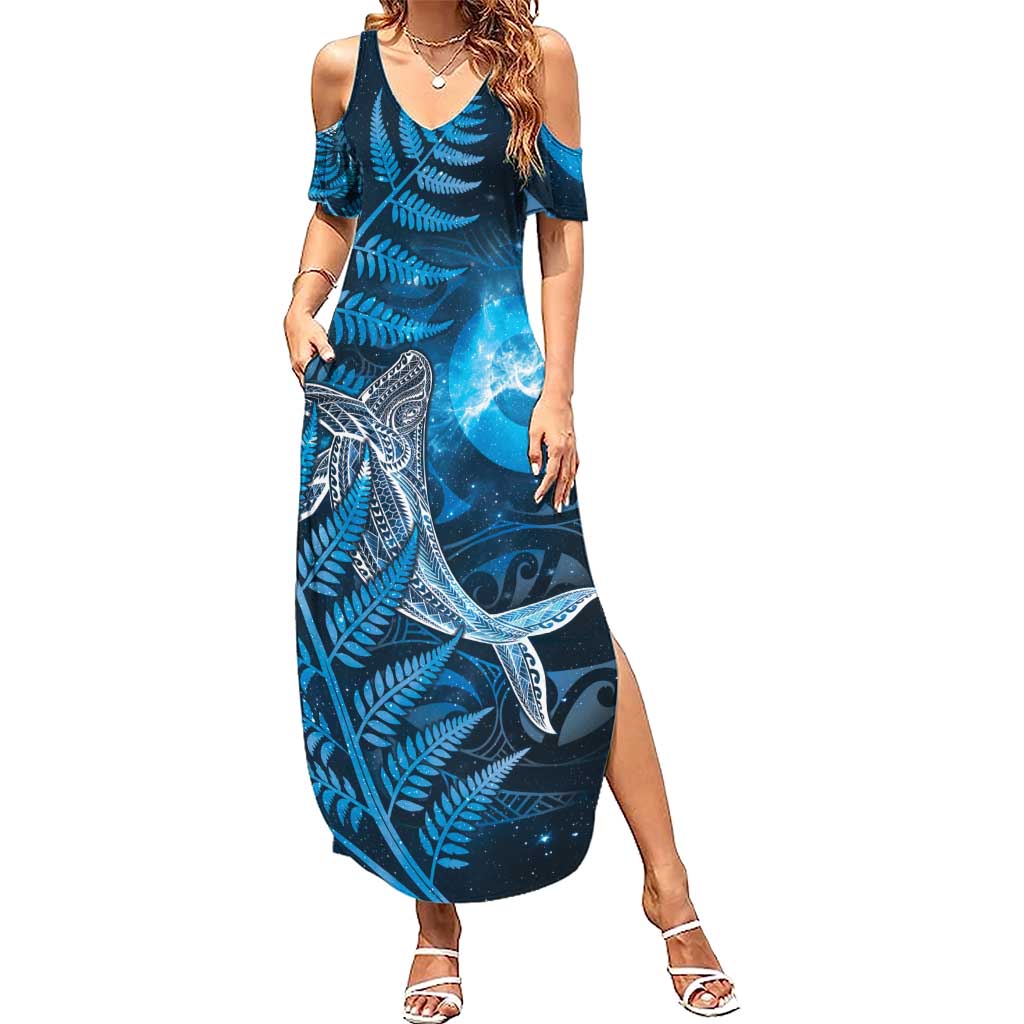New Zealand Matariki Summer Maxi Dress Maori Koru With Humpback Whale Blue LT05 Women Blue - Polynesian Pride