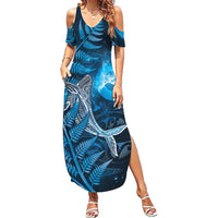 New Zealand Matariki Summer Maxi Dress Maori Koru With Humpback Whale Blue LT05 Women Blue - Polynesian Pride