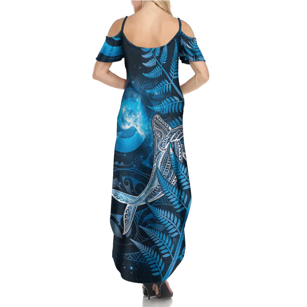 New Zealand Matariki Summer Maxi Dress Maori Koru With Humpback Whale Blue LT05 - Polynesian Pride