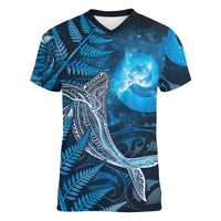 New Zealand Matariki Women V-Neck T-Shirt Maori Koru With Humpback Whale Blue