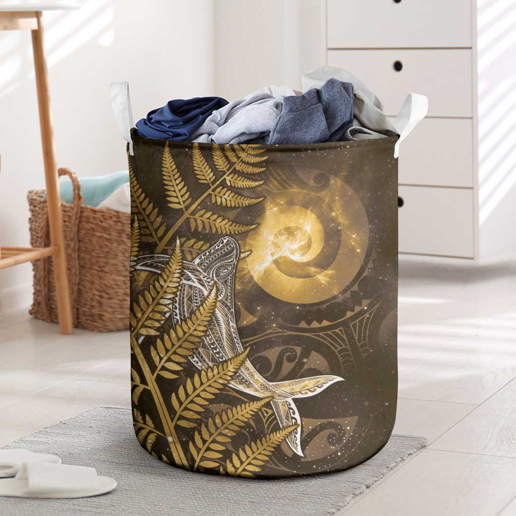 New Zealand Matariki Laundry Basket Maori Koru With Humpback Whale Gold LT05 Gold - Polynesian Pride