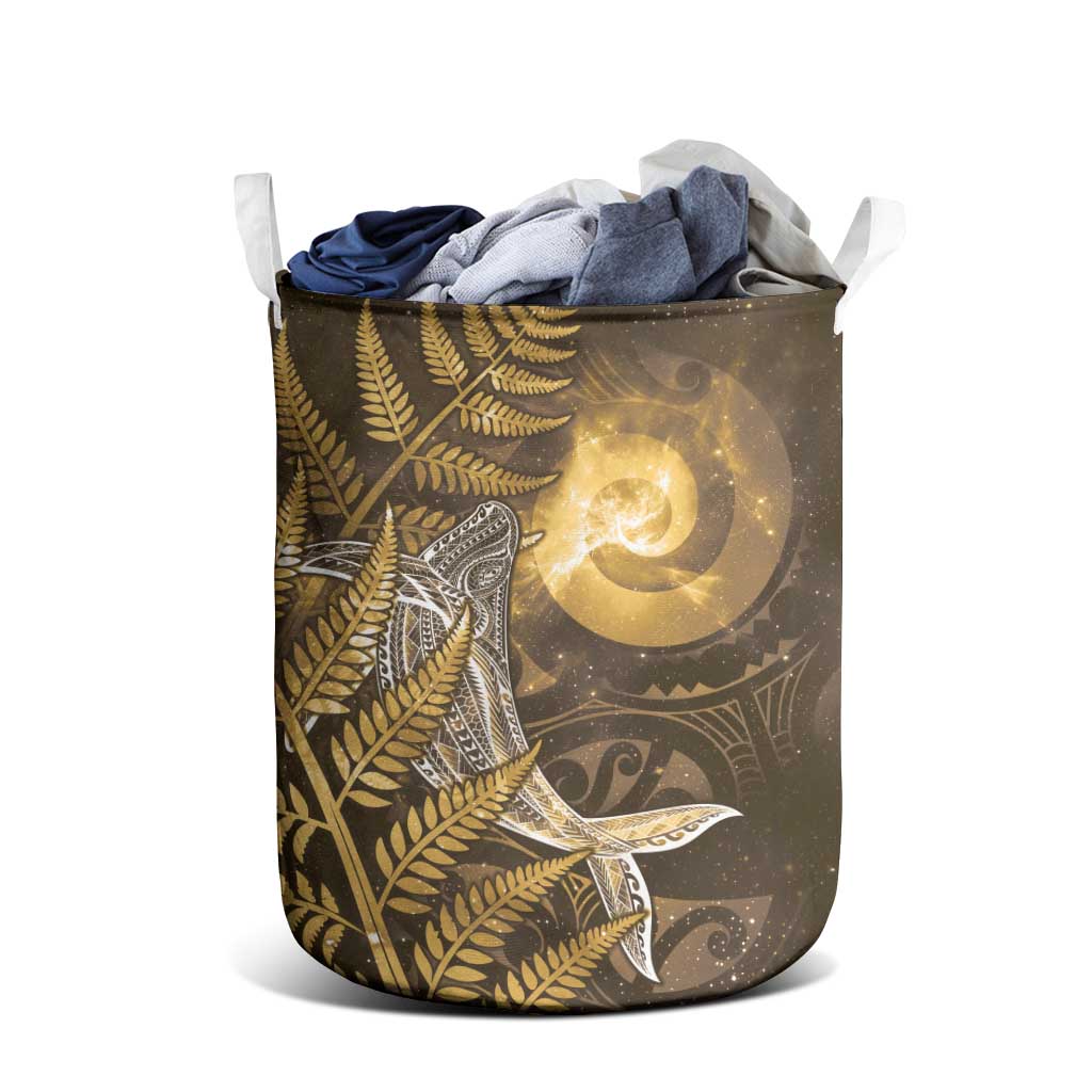 New Zealand Matariki Laundry Basket Maori Koru With Humpback Whale Gold LT05 - Polynesian Pride