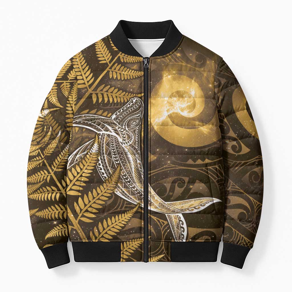 New Zealand Matariki Bomber Puffer Jacket Maori Koru With Humpback Whale Gold LT05 Unisex Gold - Polynesian Pride