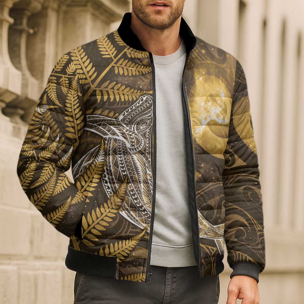 New Zealand Matariki Bomber Puffer Jacket Maori Koru With Humpback Whale Gold LT05 - Polynesian Pride