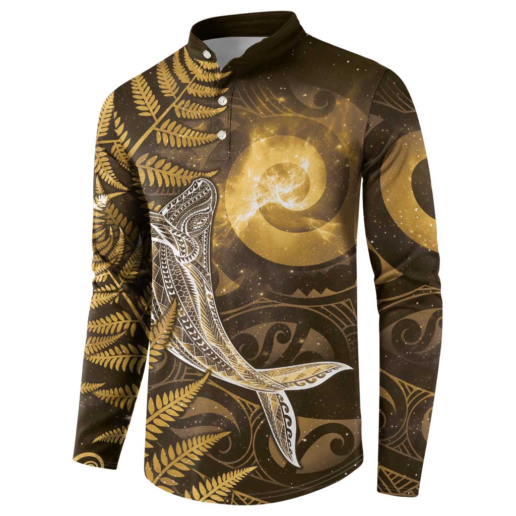 New Zealand Matariki Button Sweatshirt Maori Koru With Humpback Whale Gold LT05 - Polynesian Pride