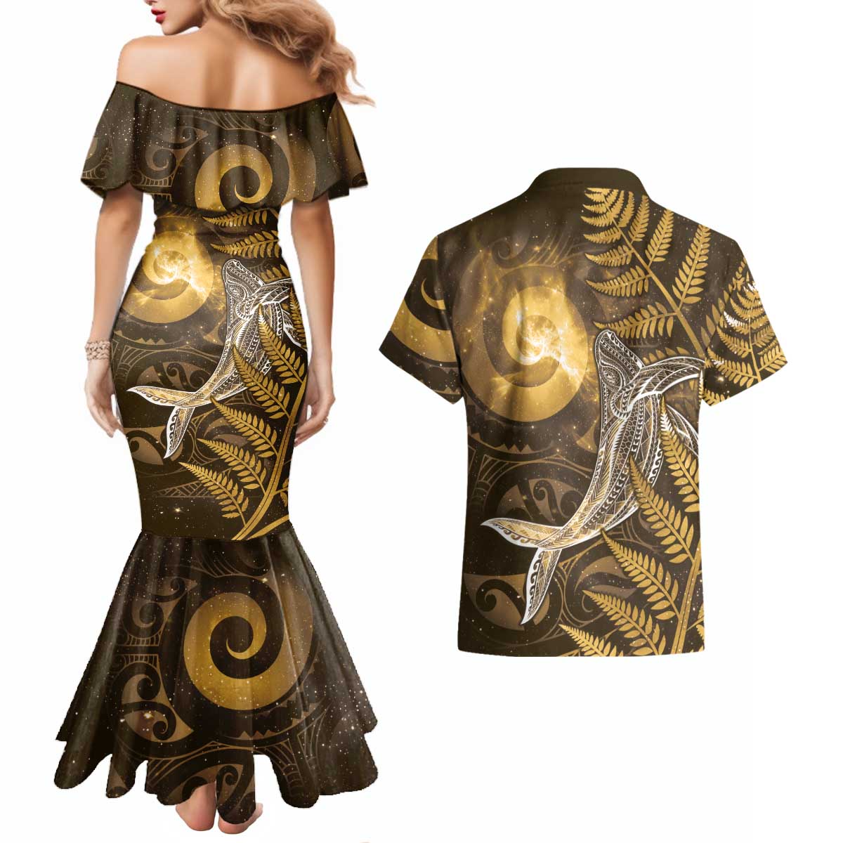 New Zealand Matariki Couples Matching Mermaid Dress and Hawaiian Shirt Maori Koru With Humpback Whale Gold