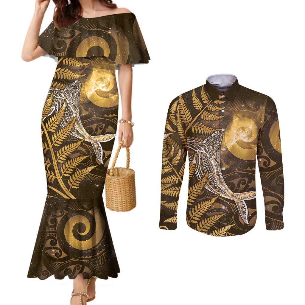 New Zealand Matariki Couples Matching Mermaid Dress and Long Sleeve Button Shirt Maori Koru With Humpback Whale Gold LT05 Gold - Polynesian Pride